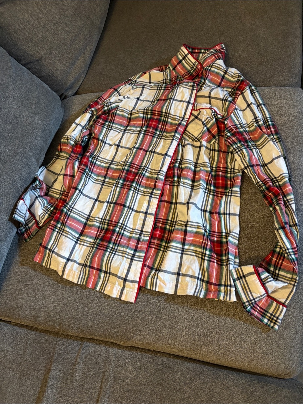 Plaid Button-Up Pajama Top in Red, White & Green Small